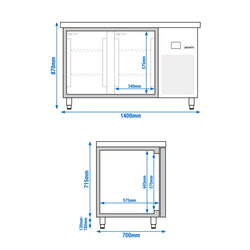Stół chłodniczy – 1400 x 700 mm – z 2 drzwiami z tyłu – ze szklanym panelem przednim