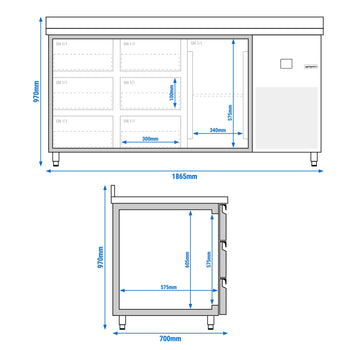 Stół chłodniczy PREMIUM - 1865x700 mm - z 1 drzwiami & 6 szufladami & z panelem tylnym - Prime Gastro
