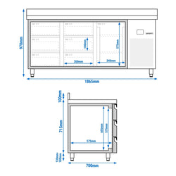 Stół chłodniczy PREMIUM - 1865x700 mm - z 1 drzwiami & 6 szufladami & z panelem tylnym