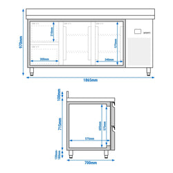 Stół chłodniczy PREMIUM - 1865x700 mm - z 2 drzwiami & 2 szufladami & z panelem tylnym