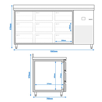 Stół chłodniczy PREMIUM - 1865x700 mm - 9 szuflad & panel tylny - Prime Gastro