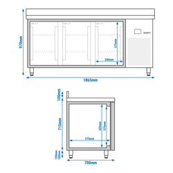 Stół Chłodniczy PREMIUM - 1865x700 mm - z 3 drzwiami & panelem tylnym