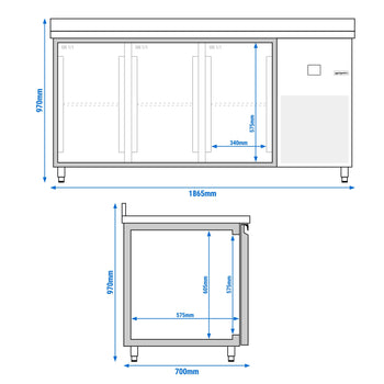 Stół Chłodniczy PREMIUM - 1865x700 mm - z 3 drzwiami & panelem tylnym - Prime Gastro