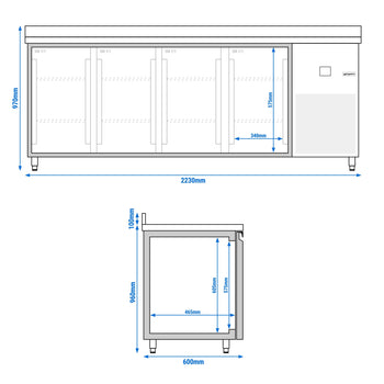 Stół chłodniczy PREMIUM - 2330x600 mm - z 4 drzwiami i panelem tylnym - Prime Gastro