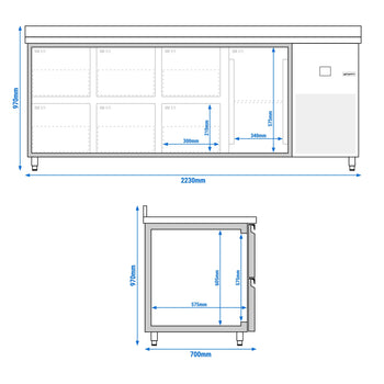 Stół chłodniczy PREMIUM - 2330x700 mm - z 1 drzwiami & 6 szufladami & panelem tylnym - Prime Gastro
