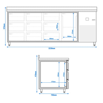 Stół chłodniczy PREMIUM - 2330x700 mm - z 1 drzwiami & 9 szufladami & panelem tylnym - Prime Gastro