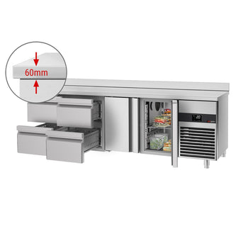 Stół chłodniczy PREMIUM - 2330x700 mm - z 2 drzwiami & 4 szufladami & panelem tylnym - Prime Gastro