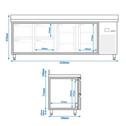 Stół chłodniczy PREMIUM – 2330 x 700 mm – z 2 drzwiami i 4 szufladami – z rantem