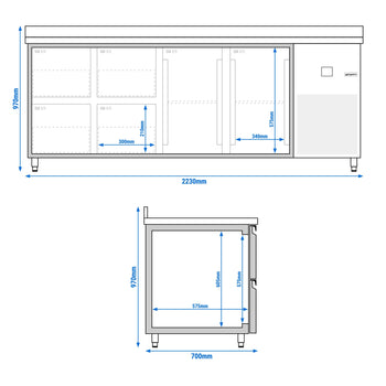Stół chłodniczy PREMIUM - 2330x700 mm - z 2 drzwiami & 4 szufladami & panelem tylnym - Prime Gastro