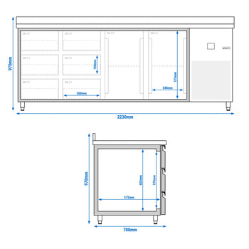 Stół chłodniczy PREMIUM - 2330x700 mm - z 2 drzwiami & 6 szufladami & panelem tylnym - Prime Gastro