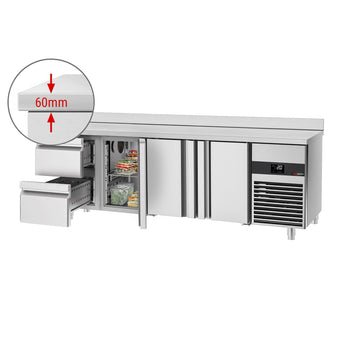 Stół chłodniczy PREMIUM - 2330x700 mm - z 3 drzwiami & 2 szufladami & panelem tylnym - Prime Gastro