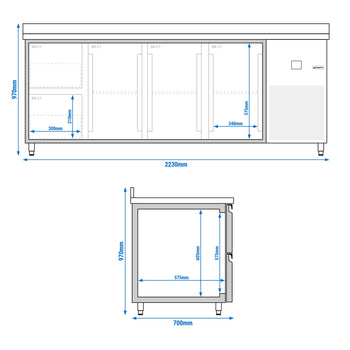 Stół chłodniczy PREMIUM - 2330x700 mm - z 3 drzwiami & 2 szufladami & panelem tylnym - Prime Gastro