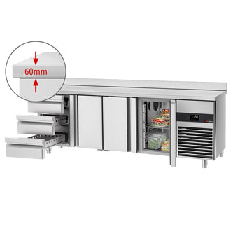 Stół chłodniczy PREMIUM - 2330x700 mm - z 3 drzwiami & 3 szufladami & panelem tylnym