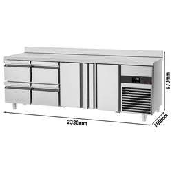 Stół chłodniczy PREMIUM - 2330x700 mm - z 2 drzwiami & 4 szufladami & panelem tylnym