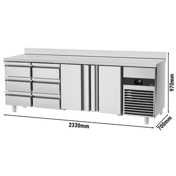 Stół chłodniczy PREMIUM - 2330x700 mm - z 2 drzwiami & 6 szufladami & panelem tylnym - Prime Gastro