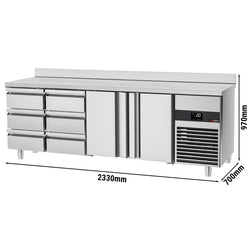 Stół chłodniczy PREMIUM - 2330x700 mm - z 2 drzwiami & 6 szufladami & panelem tylnym