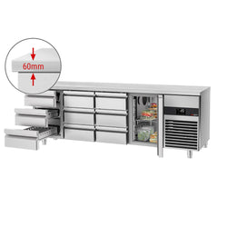 Stół chłodniczy PREMIUM - 2330x700 mm - z 1 drzwiami & 9 szufladami