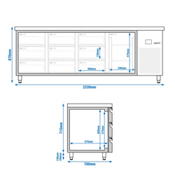 Stół chłodniczy PREMIUM - 2330x700 mm - z 1 drzwiami & 9 szufladami