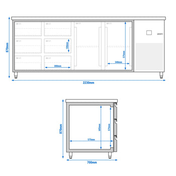Stół chłodniczy PREMIUM - 2330x700 mm - z 2 drzwiami & 6 szufladami - Prime Gastro