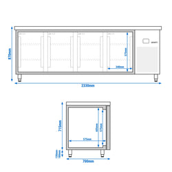 Stół chłodniczy – 2330 x 700 mm – z 4 drzwiami z tyłu – ze szklanym panelem przednim