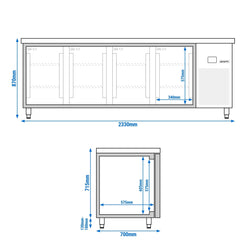 Stół chłodniczy PREMIUM – 2330 x 700 mm – z 4 drzwiami