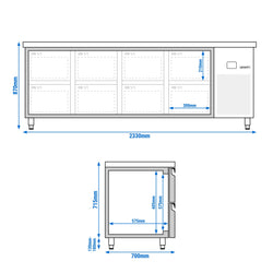 Stół chłodniczy PREMIUM – 2330 x 700 mm – z 8 szufladami