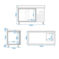 Stół chłodniczy PREMIUM - 1430x700 mm - z 2 drzwiami, 1 zlewem po prawej stronie & panelem tylnym