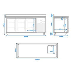 Stół chłodniczy PREMIUM - 1900x700 mm - z 3 drzwiami, 1 zlewem po prawej stronie & panelem tylnym