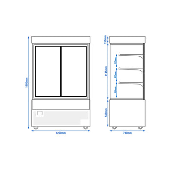 Witryna ekspozycyjna na ciasta - 1200 mm - z oświetleniem LED, 3 półkami & lustrzanym panelem przednim - czarna - Prime Gastro