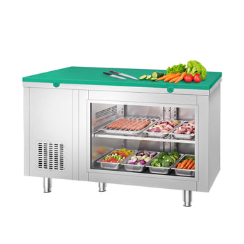 Commercial Counter Fridge – 1400 × 700 mm – Rear Side with 2 Doors – Glass Front – incl. Green Cutting Board