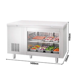 Commercial Counter Fridge – 1400 × 700 mm – Rear Side with 2 Doors – Glass Front – incl. White Cutting Board
