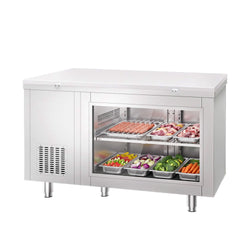 Commercial Counter Fridge – 1400 × 700 mm – Rear Side with 2 Doors – Glass Front – incl. White Cutting Board