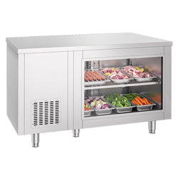 Stół chłodniczy – 1400 x 700 mm – z 2 drzwiami z tyłu – ze szklanym panelem przednim