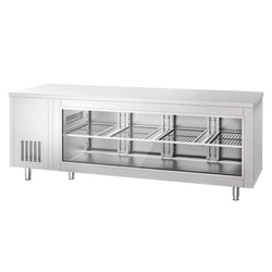 Stół chłodniczy – 2330 x 700 mm – z 4 drzwiami z tyłu – ze szklanym panelem przednim