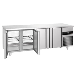 Stół chłodniczy – 2330 x 700 mm – z 4 drzwiami z tyłu – ze szklanym panelem przednim