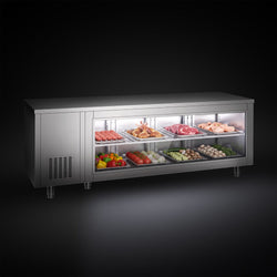 Stół chłodniczy – 2330 x 700 mm – z 4 drzwiami z tyłu – ze szklanym panelem przednim