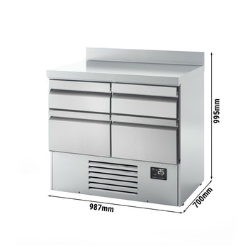 Stół chłodniczy PREMIUM PLUS - 980x700 mm - z 4 szufladami & z panelem tylnym