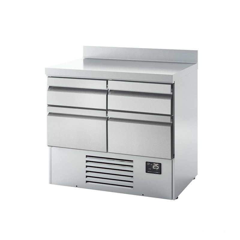 Stół chłodniczy PREMIUM PLUS - 980x700 mm - z 4 szufladami & z panelem tylnym