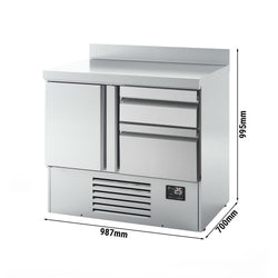 Stół chłodniczy PREMIUM PLUS - 980x700 mm - z 1 drzwiami & 2 szufladami & z panelem tylnym