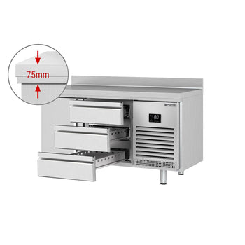Stół chłodniczy PREMIUM PLUS - 1468x600mm - 250L - z 1 drzwiami - z 3 szufladami - z rantem - na rynek PL