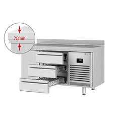 Stół chłodniczy PREMIUM PLUS - 1468x600 mm - z 1 drzwiami & 3 szufladami & z panelem tylnym