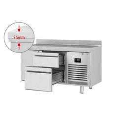 Stół chłodniczy PREMIUM PLUS - 1468x600mm - 250L - z 1 drzwiami - z 2 szufladami - z rantem - na rynek PL