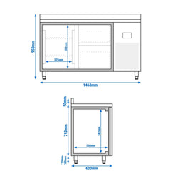 Stół chłodniczy PREMIUM PLUS - 1468x600 mm - z 1 drzwiami & 2 szufladami & panelem tylnym