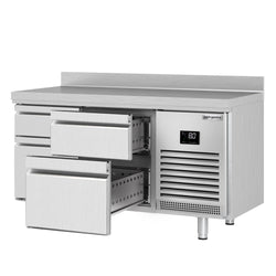 Stół chłodniczy Premium PLUS – 1468 x 600 mm – z 4 szufladami 1/3 i 2/3 – z rantem