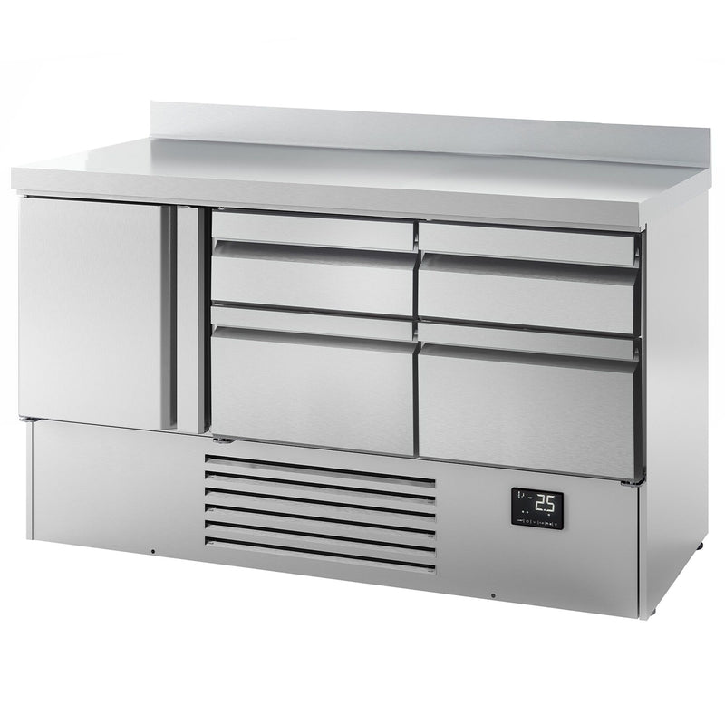 Stół chłodniczy PREMIUM PLUS - 1460x700 mm - z 1 drzwiami & 4 szufladami & z panelem tylnym