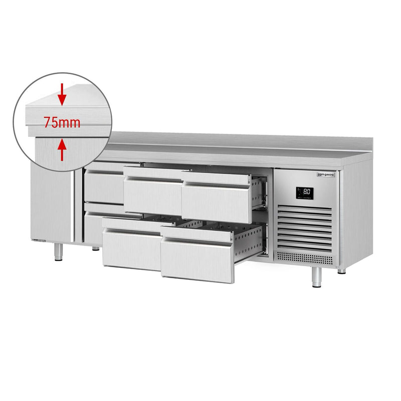 Stół chłodniczy PREMIUM PLUS - 2452x600 mm - z 1 drzwiami & 6 szufladami & panelem tylnym
