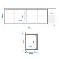 Stół chłodniczy PREMIUM PLUS - 2452x600mm - 510L - z 2 drzwiami - z 4 szufladami - z rantem