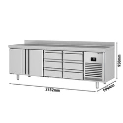 Stół chłodniczy PREMIUM PLUS - 2452x600mm - 510L - z 2 drzwiami - z 6 szufladami - z rantem