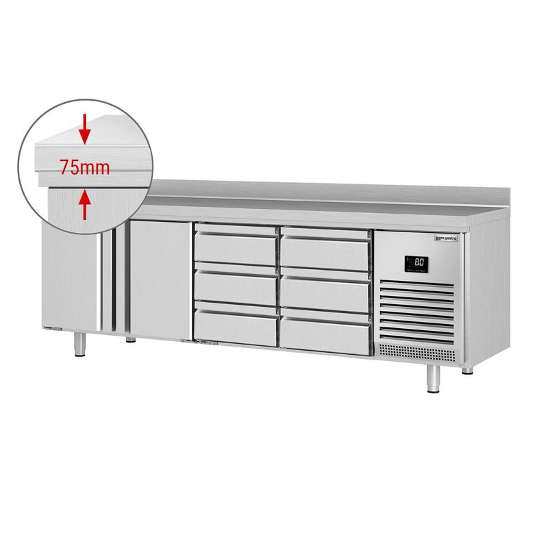 Stół chłodniczy PREMIUM PLUS - 2452x600 mm - z 2 drzwiami & 6 szufladami 1/3 & z panelem tylnym
