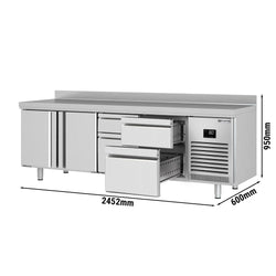 Stół chłodniczy PREMIUM PLUS - 2452x600mm - z 2 drzwiami - z 4 szufladami - z rantem
